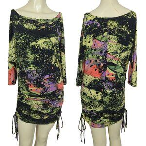 Julian Chang Abstract Art colorful Ruched Drawstring Mini Dress Dolman sleeves M